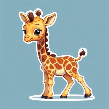 recommend clip art: Sticker of a cute baby giraffe in 3D cartoon style with dynamic colors, isolated on a simple background.