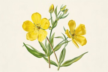Vibrant Botanical Illustration of Evening Primrose Flowers for Nature Enthusiasts and Botanical Prints
