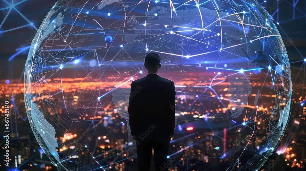 Poster a businessman interfaces with a global network and data exchanges, representing the innovative poten