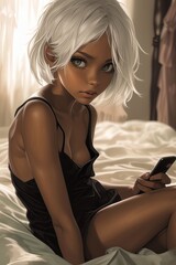 Naklejka premium Children's addiction to smartphones and nervous system disorders. A girl with a sad and sad face is texting on the phone in bed.