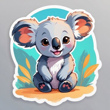 recommend clip art: Sticker of a lovely baby koala bear in the forest. 3D cartoon style, isolated on a simple background.