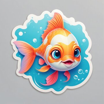 recommend clip art: Sticker of a sweet baby fish swimming in the ocean. 3D cartoon style with dynamic colors, isolated on a simple background.