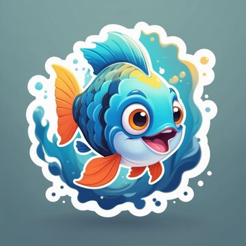 recommend clip art: Sticker of an adorable baby fish swimming in the ocean. 3D cartoon style with dynamic colors, isolated on a simple background.