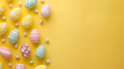 Easter card banner with eggs on yellow background Top view
