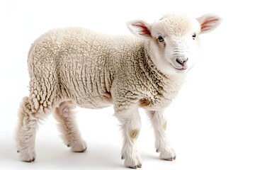 Fluffy White Sheep on Clean Background, Domestic Farm Animal Portrait