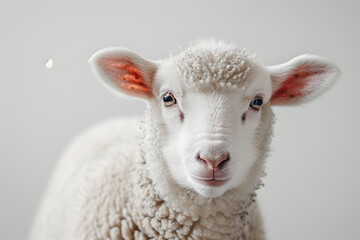 Fluffy White Sheep on Clean Background, Domestic Farm Animal Portrait