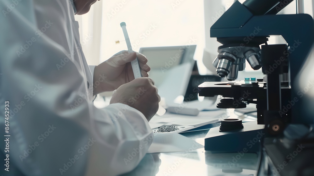 Wall mural scientist conducting research using a microscope in a modern laboratory setting