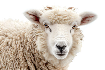 Fluffy White Sheep on Clean Background, Domestic Farm Animal Portrait