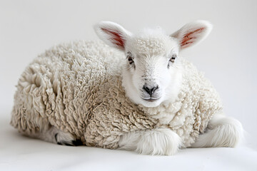 Fluffy White Sheep on Clean Background, Domestic Farm Animal Portrait