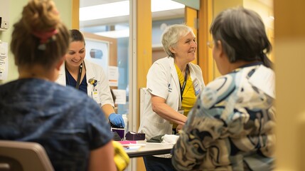 Medical staff assisting patients in a community clinic with friendly and supportive environment.