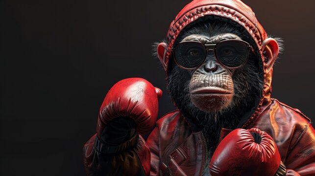 Cute funky monkey wear sport costume suit boxer glove, with copy space, 3d real photo