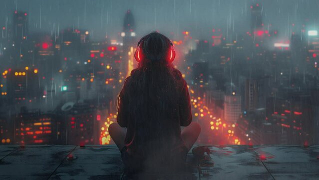 Music anime girl headphones standing alone on a roof in a hoodie with city night lights in the background, illustration lofi lo-fi hip hop music, seamless loop, 4k