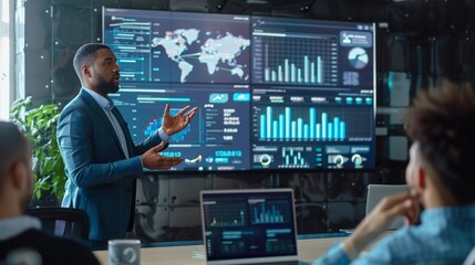 Strategic Business Leader Sharing Competitive Insights with Team in High-Tech Office Environment