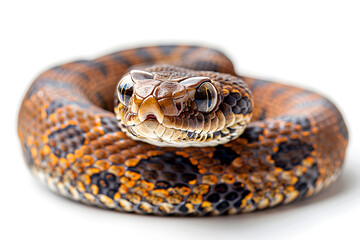 Fototapeta premium Elegant Albino Snake Coiled on White Background, Serpent Reptile Wildlife Photography