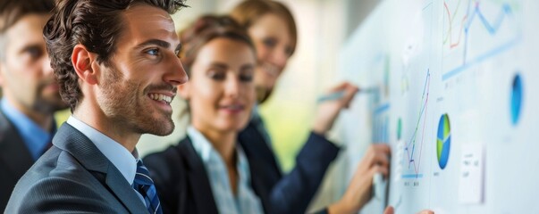 Strategic Business Leader Presenting Competitive Edge Plans on Whiteboard, Team Brainstorming Ideas for Success