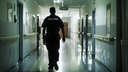 Silhouette of a lone police officer patrolling a dimly lit hospital corridor at night.