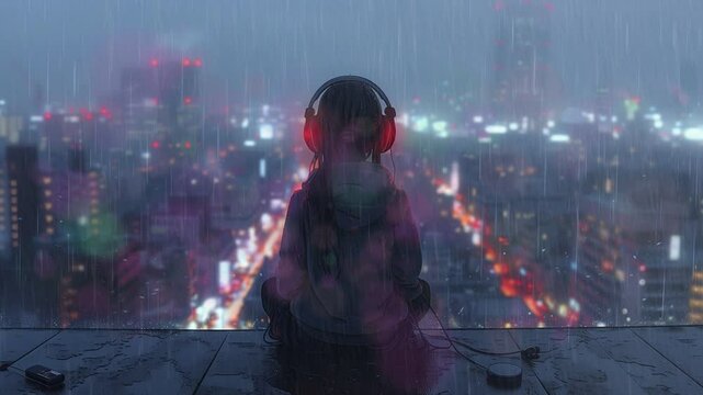 Background music, lofi anime girl headphones standing alone on a roof in a hoodie with city night lights in the background, illustration lofi lo-fi hip hop music, 4K, seamless looping video animation
