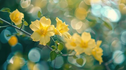 Blooming yellow flowers of Gossypium barbadense with blurred backdrop