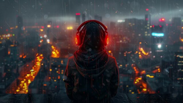 Music anime girl headphones standing alone on a roof in a hoodie with city night lights in the background, illustration lofi lo-fi hip hop music, 4k, 