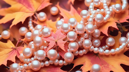 flora, beautiful elegant pink closeup pearls on autumn maple orange leaves. Curls, loops, image stylization, soft warm colors, cosmic background. galaxy, starfall,