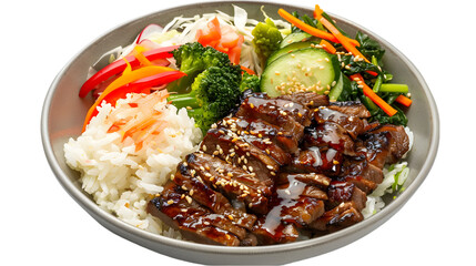  A beef teriyaki bowl brimming with grilled beef, steamed rice, and mixed vegetables, glazed with teriyaki sauce
