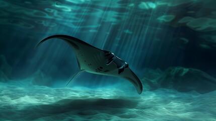 Naklejka premium Close-up of a majestic manta ray gliding effortlessly through the water, its wingtips almost brushing against the sandy ocean floor.