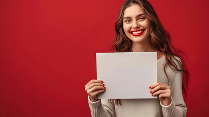 Naklejka premium Smiling woman showcasing a blank sale sign on a vibrant crimson backdrop.