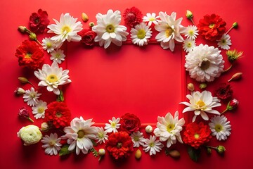 Obraz premium A frame made of red and white flowers on a red background