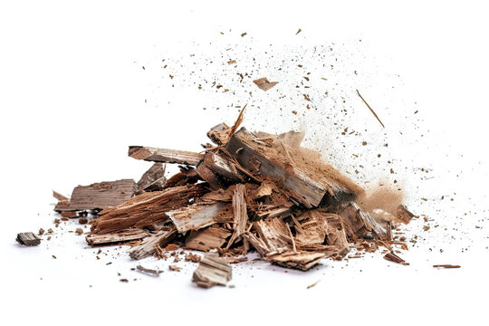 Dynamic explosion of wood chips captured in high detail, perfect for concepts of energy and natural resources.