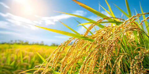 Golden Rice Fields Under Clear Blue Sky