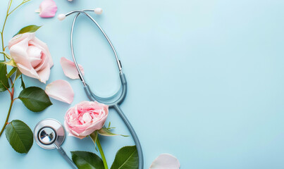 A stethoscope is placed on top of a bed of pink flowers