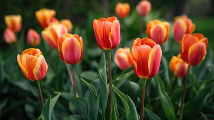 Vivid orange and yellow tulips blooming in spring garden