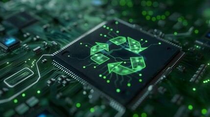 Obraz premium 4. Produce an infographic-style image depicting a close-up view of a computer chip featuring subtle green recycle signs, illustrating the principles of green computing and environmentally sustainable