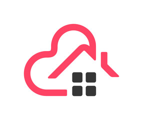 House roof with chimney and heart shape logo design. Skyscrapers and heart graphic design