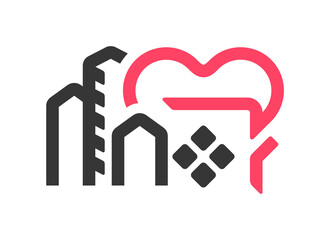 House roof with chimney and heart shape logo design. Skyscrapers and heart graphic design