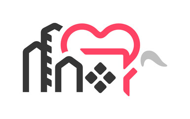 House roof with chimney and heart shape logo design. Skyscrapers and heart graphic design
