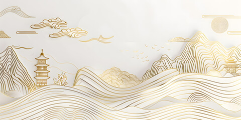 Chinese ancient architectural painting in white, gold, and yellow lines. Traditional mural artwork.