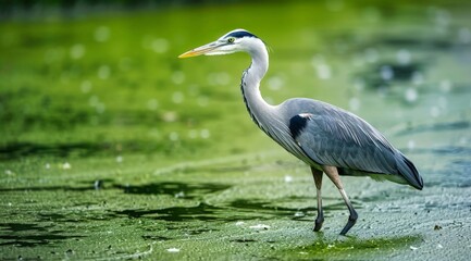Fototapeta premium Elegant Heron Wading in Muddy Pond