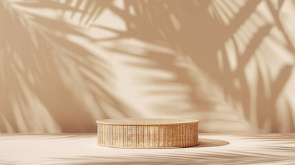 Empty wicker rattan podium for product presentation. Beige wall background with natural lighting and leaf shadows