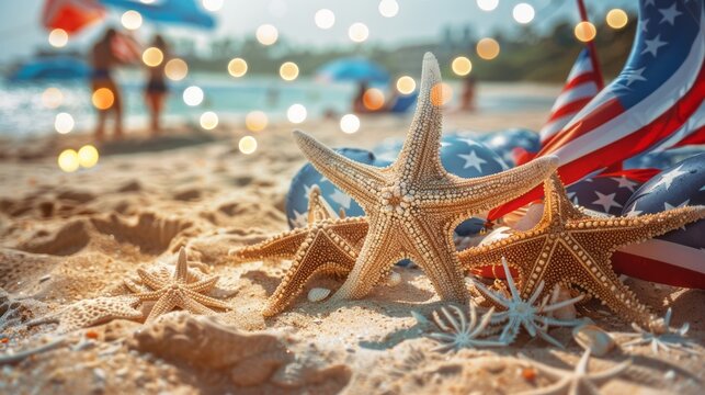Labor Day USA background with starfishes and decorations on the sandy beach