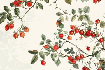Botanical Illustration of Rosehip Branches Featuring Red Berries for Seasonal and Decorative Use
