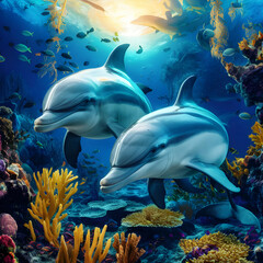 Obraz premium two dolphins swimming next to a coral reef with coral and sponges.