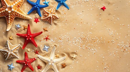 Labor Day USA background with starfishes and decorations on the sandy beach