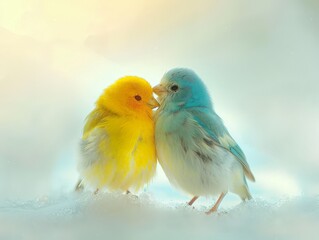 Adorable Yellow and Blue Birds Sharing a Sweet Moment in a Snowy Landscape