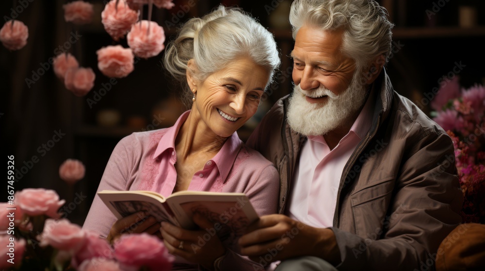 Wall mural man and woman reading book together