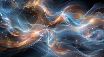 Abstract Wavy Blue And Orange Light Design With Glittering Stars