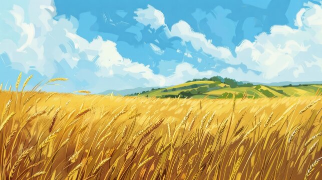 Summer wheat field landscape with rolling hills and blue sky