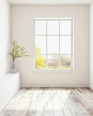 Property interiors composition with a big window providing natural lighting to a room with minimal furniture. Minimalist residential realty interiors.