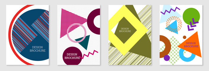 Set of cover design in Memphis style. Geometric design, abstract background. Fashionable bright cover, banner, poster, booklet. Creative colors.