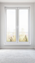 Property interiors composition with a big window providing natural lighting to a room with minimal furniture. Minimalist residential realty interiors.